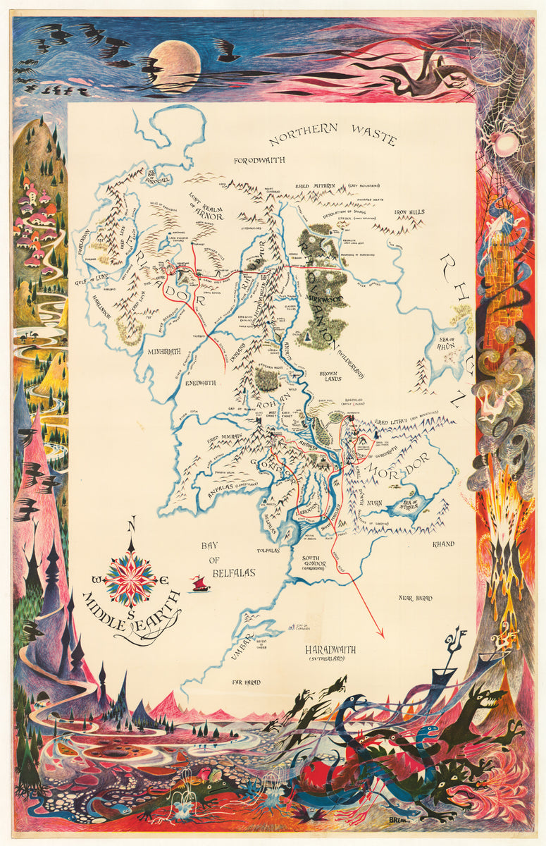 Vintage Map of Middle Earth  The Hobbit and Lord of the Rings – New 