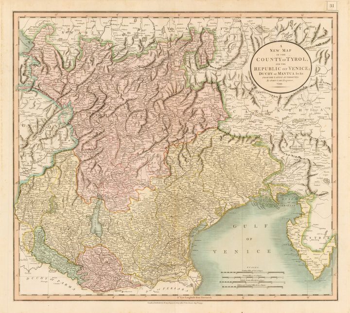 A New Map of the County of Tyrol, and the Republic of Venice; Duchy of Mantua &c, &c. From the Latest Authorities By John Cary Date: 1799 Size: 18 x 20 inches 
