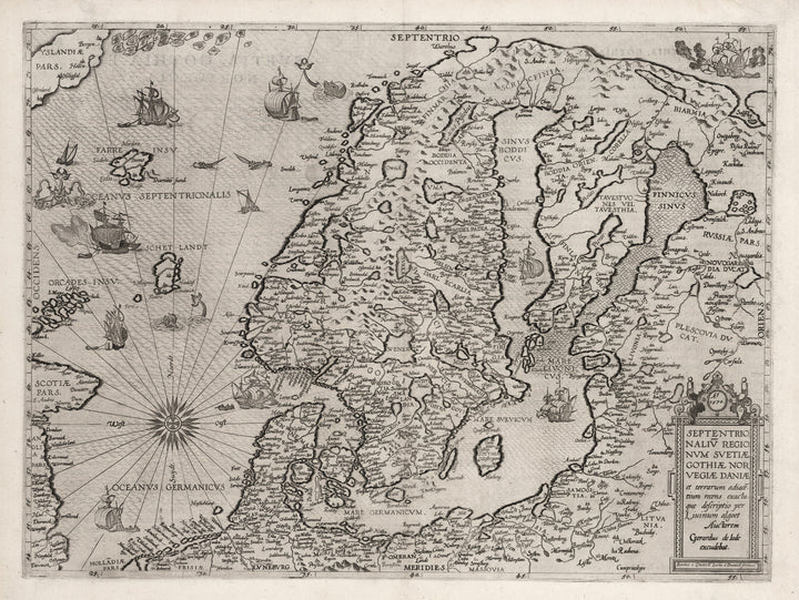 Antique 16th Century Map of Scandinavia by de Jode, 1593 Septentrionaliu Regionum Suetiae Gothiae Norvegiae Daniae et terrarum adicentium recens exacta que descriptio per Liuinum algoet Auctorem Gerardus de Jode execudebat