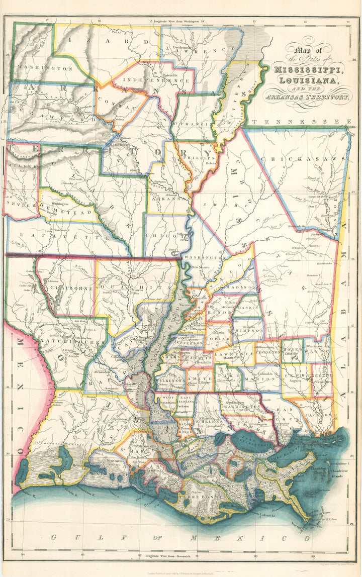 Map of the States of Mississippi, Louisiana, and the Arkansas Territory. By: Hinton, 1832