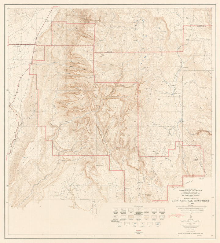 Antique Topographical Map of North Zion National Monument, Utah 1938