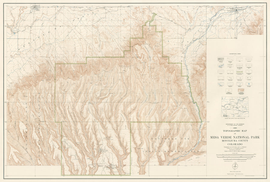 Antique Topographic Map of Mesa Verde National Park by: U.S.G.S. 1936