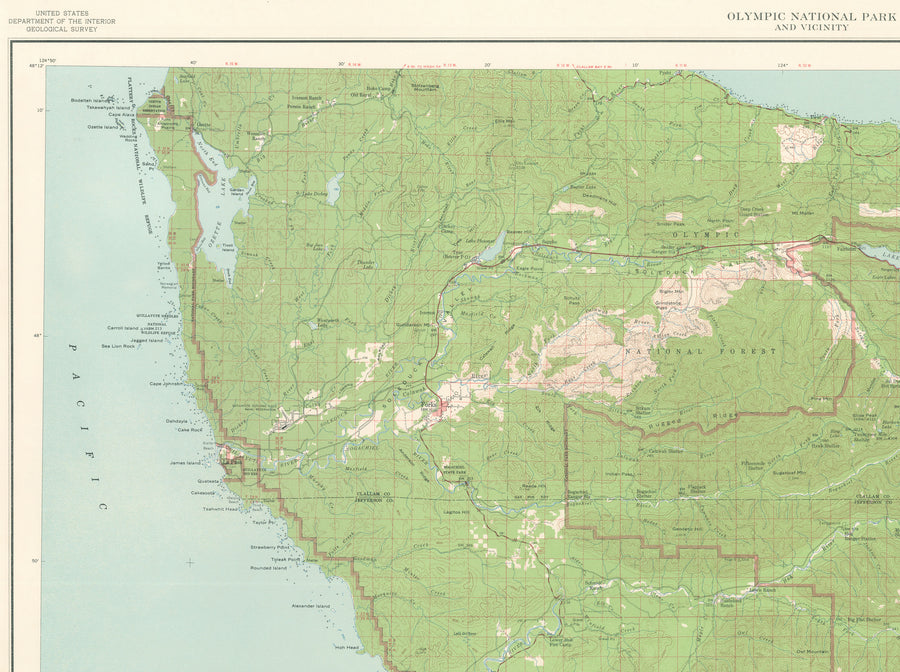 Antique Topographic Map of Olympic National Park 1957