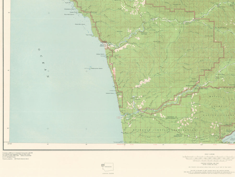 Antique Topographic Map of Olympic National Park 1957