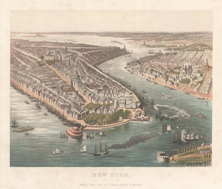 Antique Bird's Eye View Print of New York City by: Collins, 1878