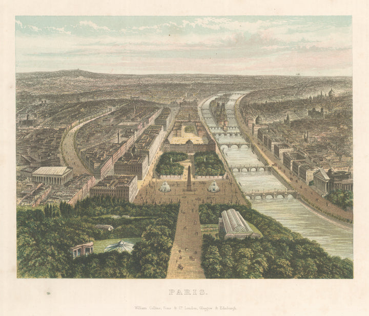 Antique Bird's Eye View Print of Paris, France by Collins 1878