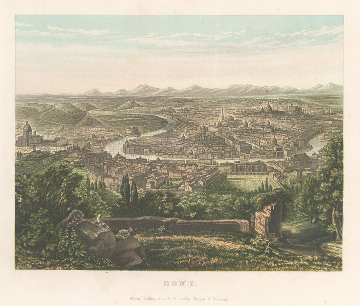 Antique Bird's Eye View Print of Rome, Italy by Collins 1878
