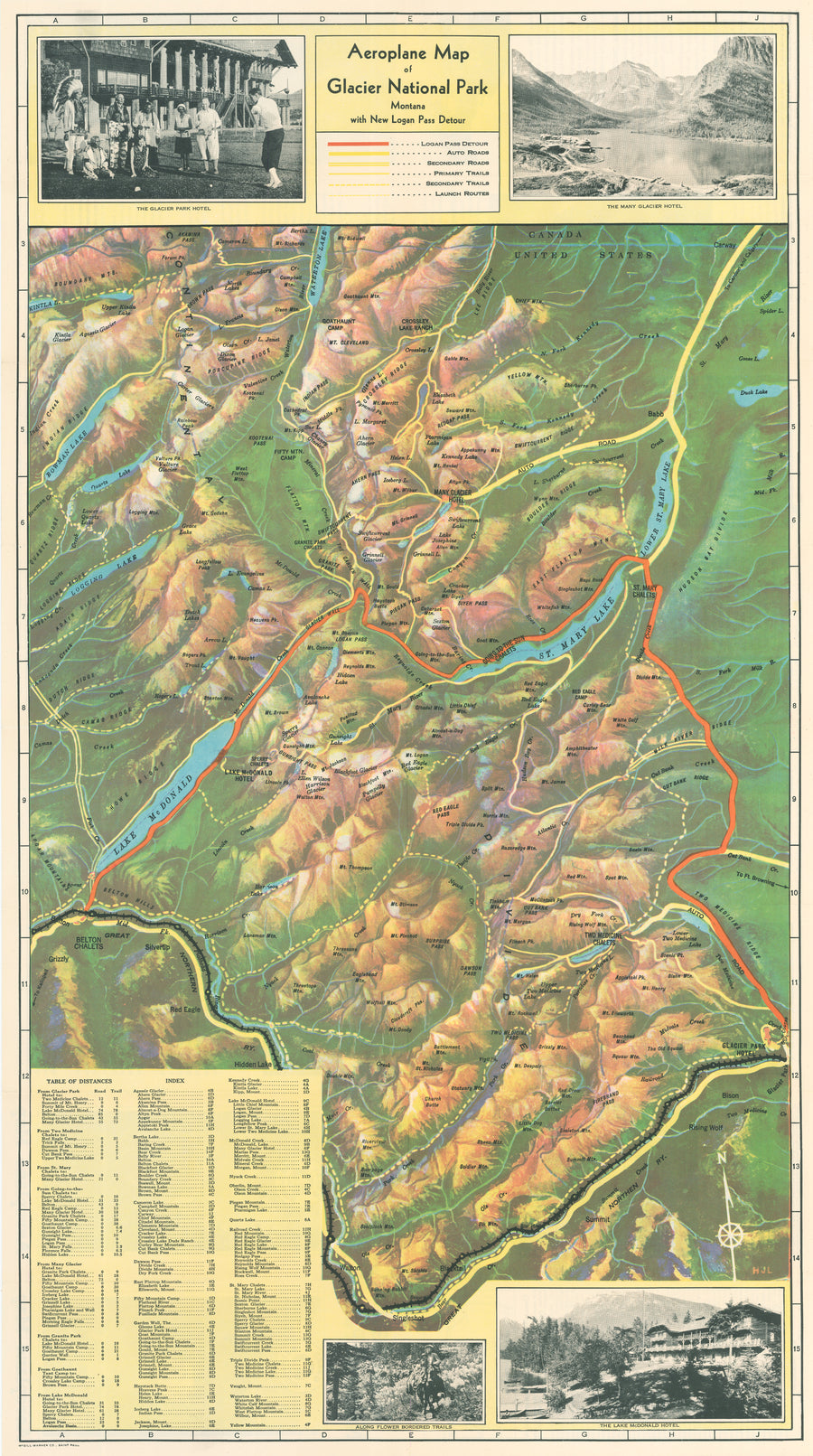 1933 Aeroplane Map of Glacier National Park Montana with the New Logan Pass Detour