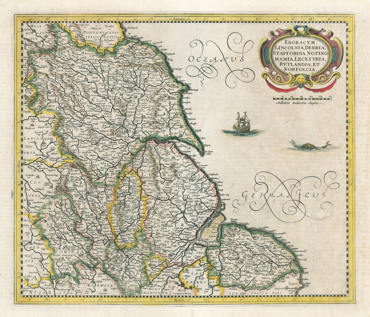 Antique Map of Northeast England: Antique Map: Eboracum, Lincolnia, Derbia, Staffordia, Notinghamia by Henricus Hondius 1642