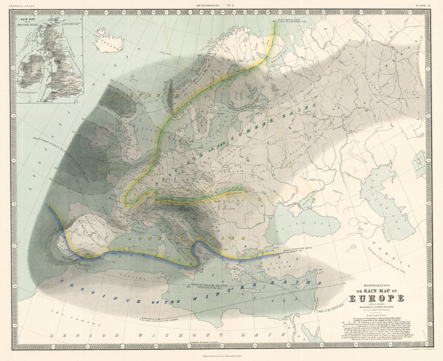 Hyetographic or Rain Map of Europe by: A.K, Johnston, 1856