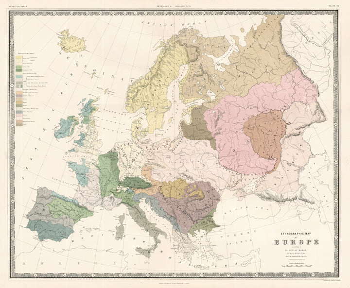 Antique Ethnographic Map of Europe by: Dr. Kombst and Johnston, 1856