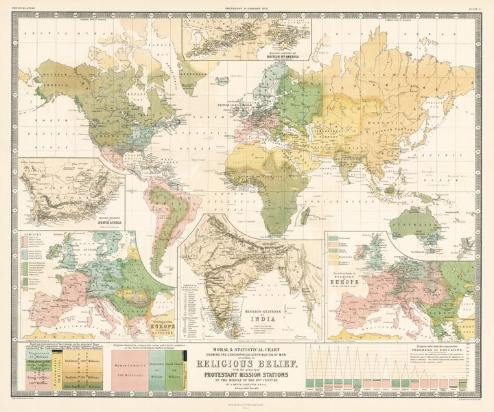 Antique World Map Showing the Moral and Statistical Distribution of Man by Alexander Keith Johnston, 1856