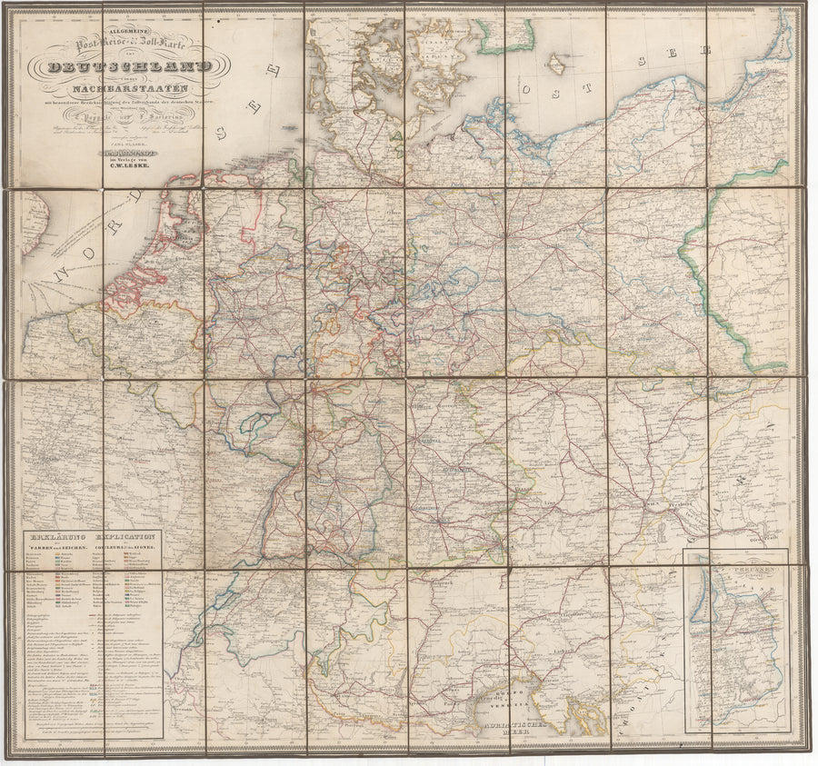 Antique Folding Map of Germany: Allgemeine Post-Reise & Zoll-Karte von Deutschland Und Den Nachbarstaaten By: Carl Glaser, 1836