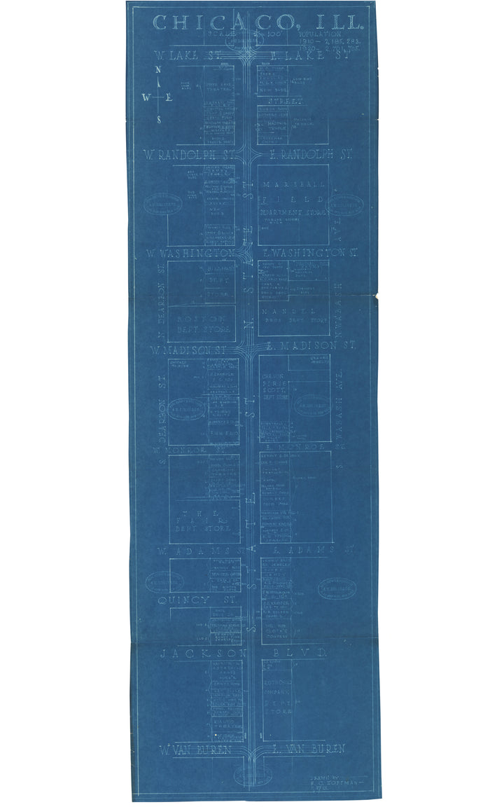Rare Blueprint Map of State Street, Chicago, IL 1922