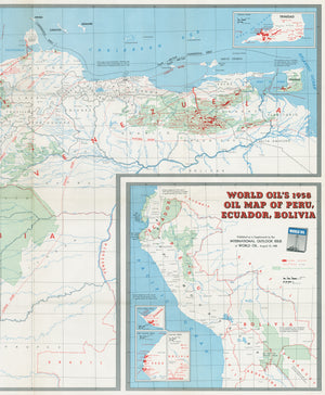 1958 World Oil's Map of Venezuela, Colombia, Trinidad, Peru, Ecuador, and Bolivia
