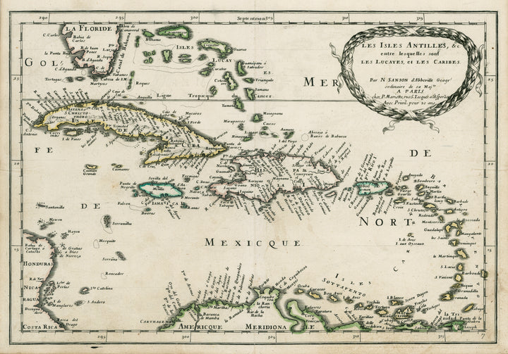 Antique Map of the Caribbean: Les Isles Antilles, & c. entre les quelles sont Les Lucayes, et Les Caribes. by: Nicolas Sanson, 1657