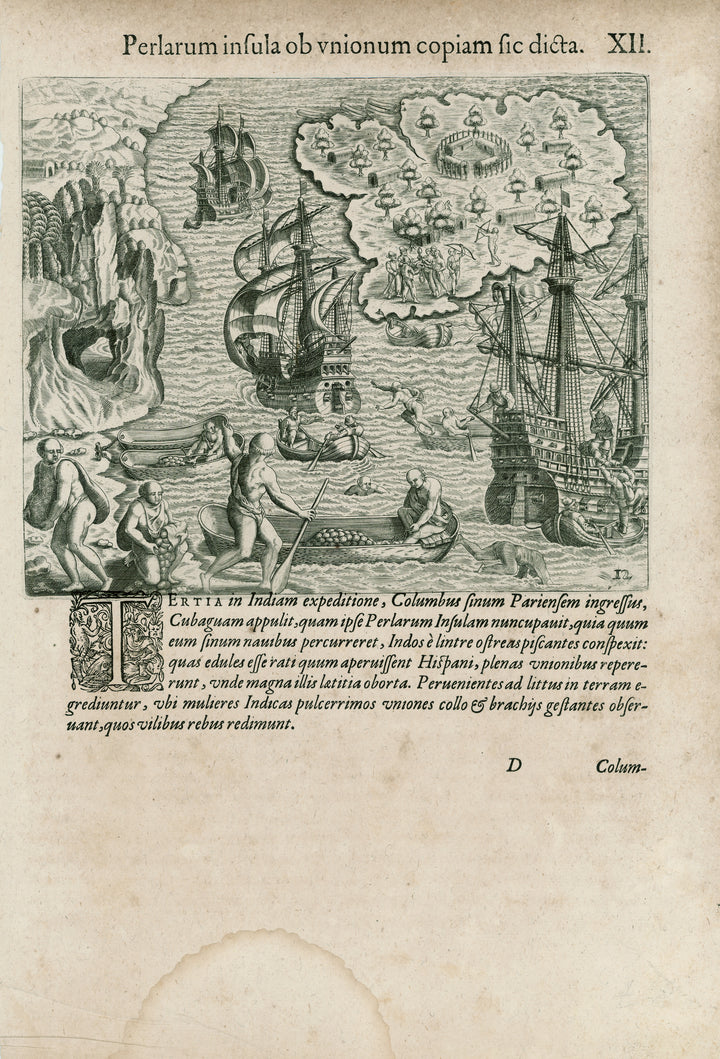 Pearl Diving: Perlarum insula ob unionum copiam sic dicta. By: Theodor de Bry, 1594