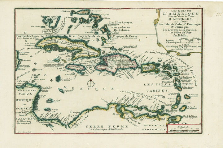 Antique Map of the Caribbean: Les Isles De L'Amerique Connues Sous le Nom D'Antilles... by: Nicolas de Fer 1705