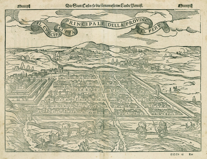 Antique Print of Cusco: Die Statt Cusco / so die fuernemeste im Landt Peru ist. Munster, 1550