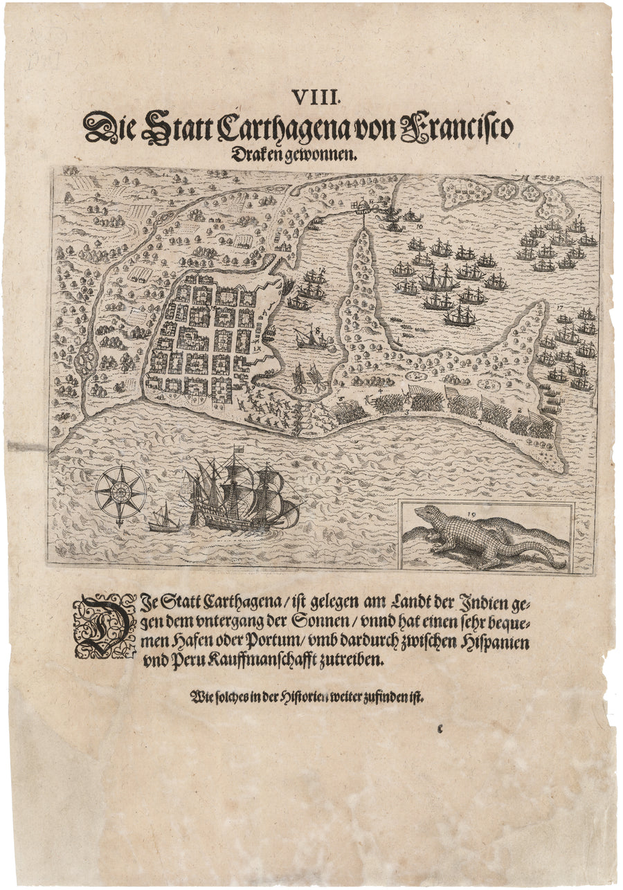 Antique Map of Cartagena Under Siege by Sir Francis Drake, 1599