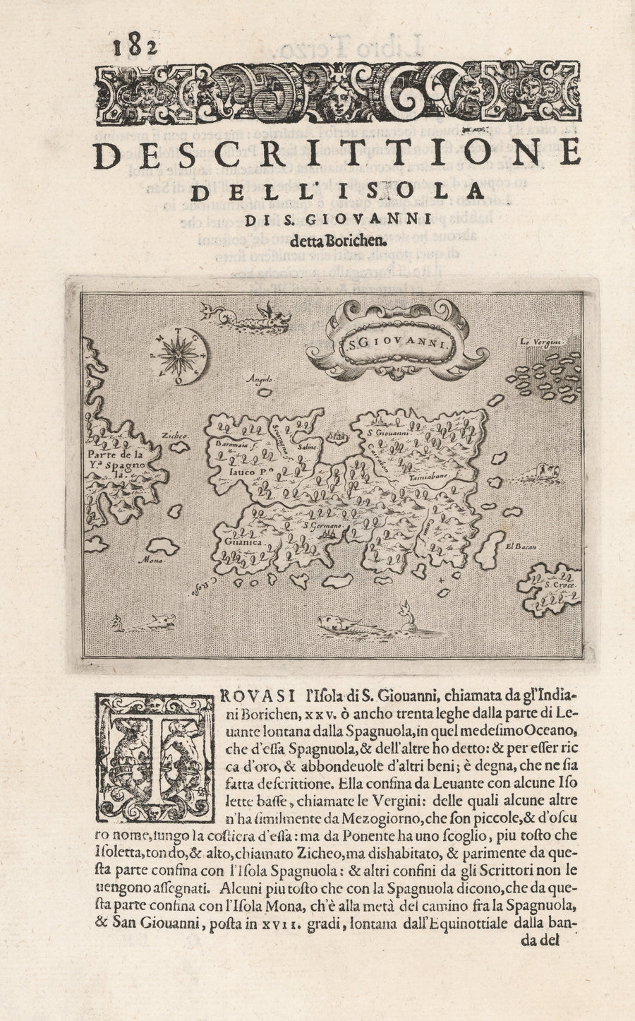 Antique Map of Puerto Rico: Descrittione del l'Isola di S. Giovanni... by T. Porcacchi 1590