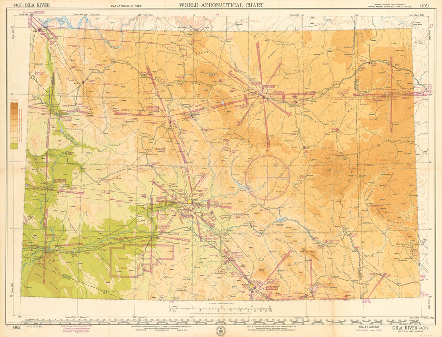 Mid-Century Aviation Map of Gila River, Phoenix, Tucson Prescott, AZ