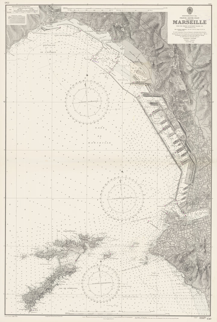 Mid-Century Nautical Chart of Marseille, France corrected to 1957