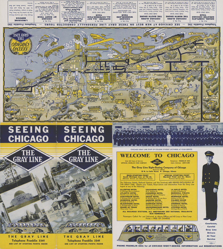 1950s The Gray Line Seeing Chicago Pictorial Map