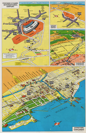 Vintage Map of Dowtown Chicago, O'Hare and Midway Airports, 1973