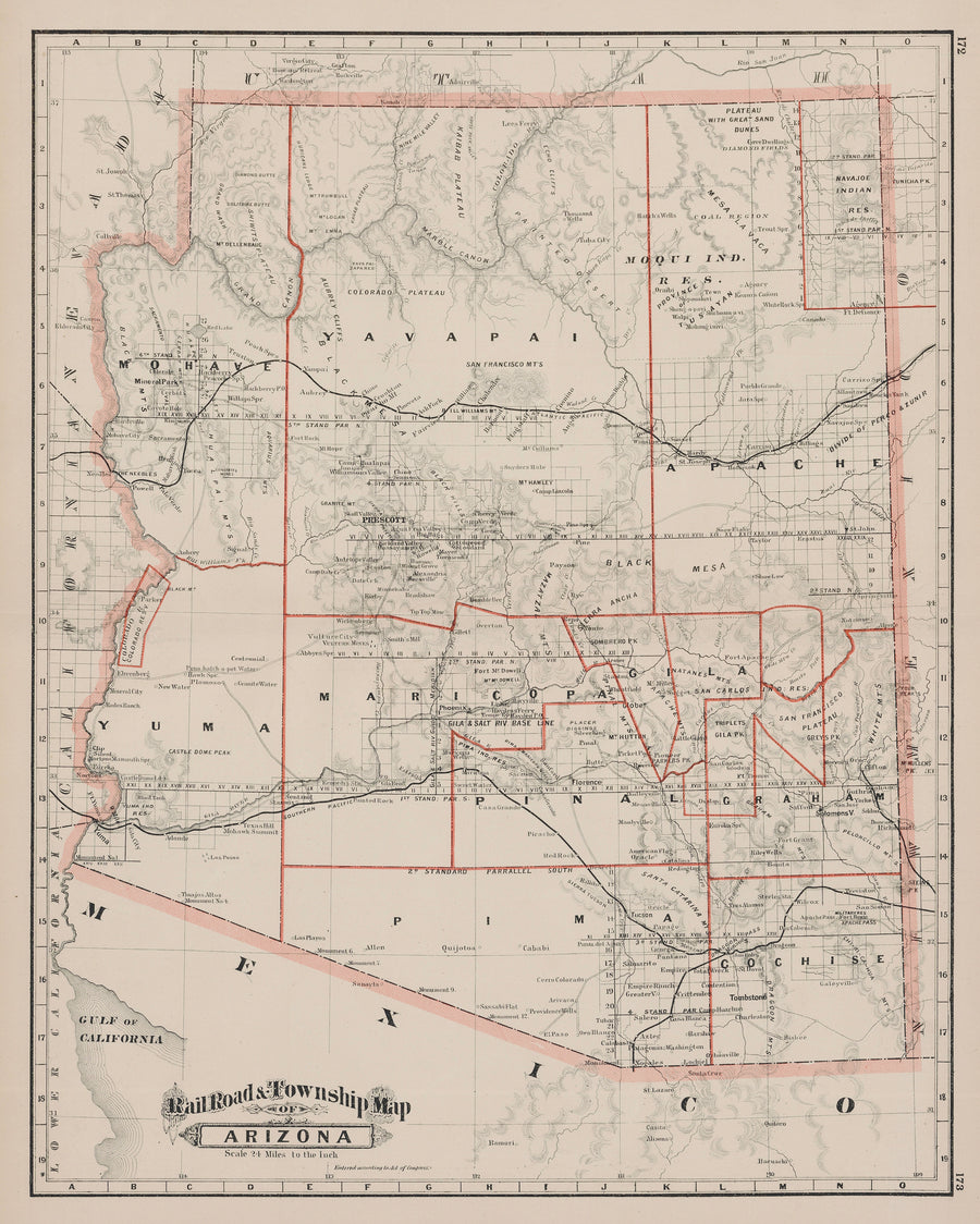 1886 George F. Cram Railroad and Township Map of Arizona