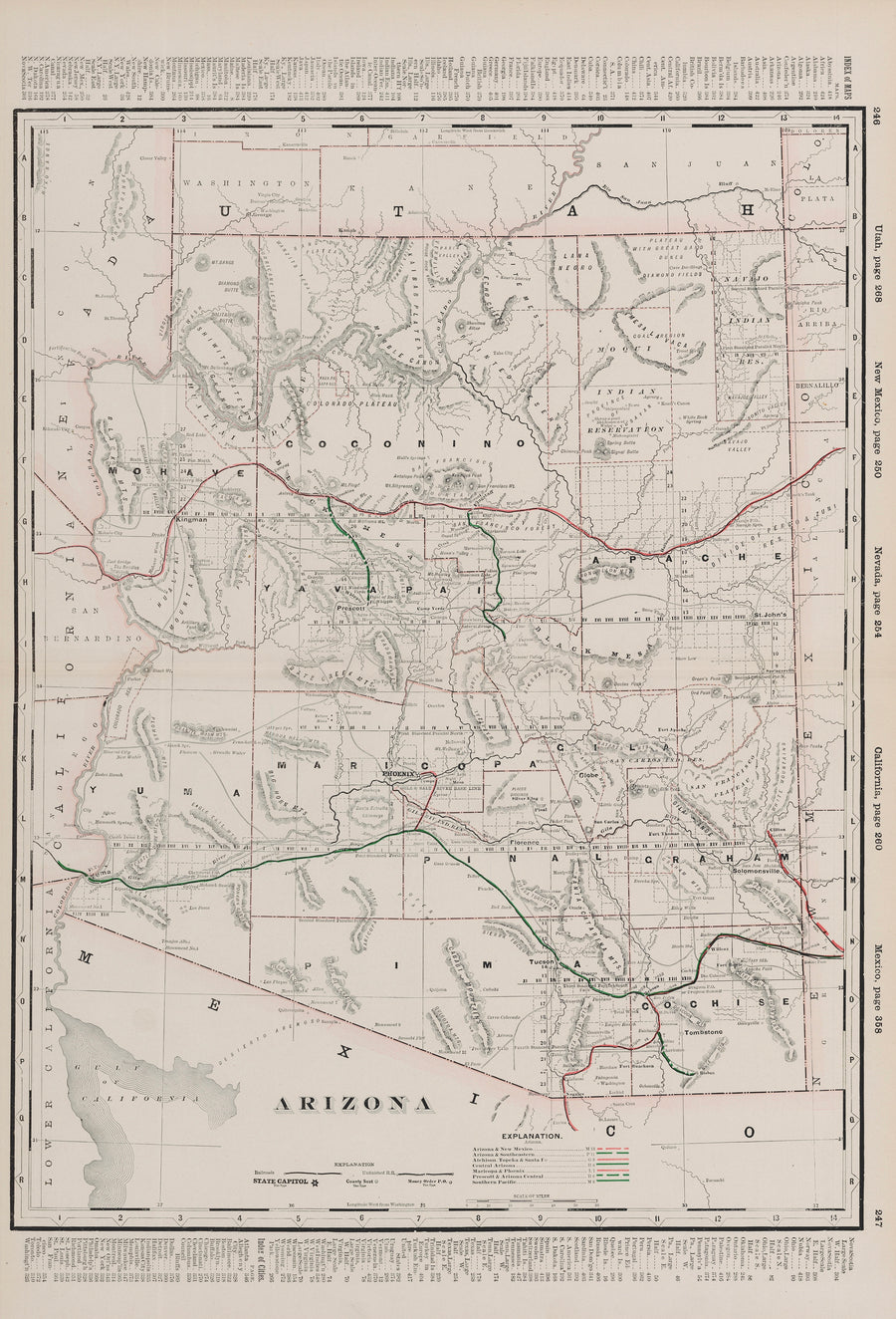 1892 George F. Cram Railroad and Township Map of Arizona