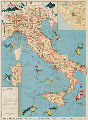 1953 Sketch Map of Italy with the Lines of Communication by Road, Rail, Sea and Air