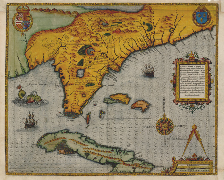 Antique Map: Floridae Americae Provinciae Recens & exactissima descriptio Auctore Iacobo le Moyne cui cognomen de Morgues, Qui Laudonnierum By: Jacques le Moyne, 1591