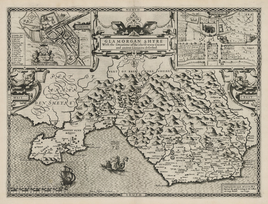 Antique map: Glamorgan Shyre, With the Situations of the Cheife Towne Cardyffe and Ancient Landaffe Described By: John Speed, 1611