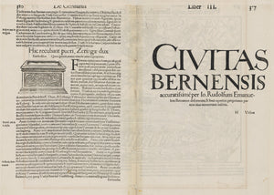 Antique Map of Bern, Switzerland: Ursina civitas, vulgo Bernensis, ad hunc Christi annum 1549, exarata. by Sebastian Munster, 1560 | VERSO