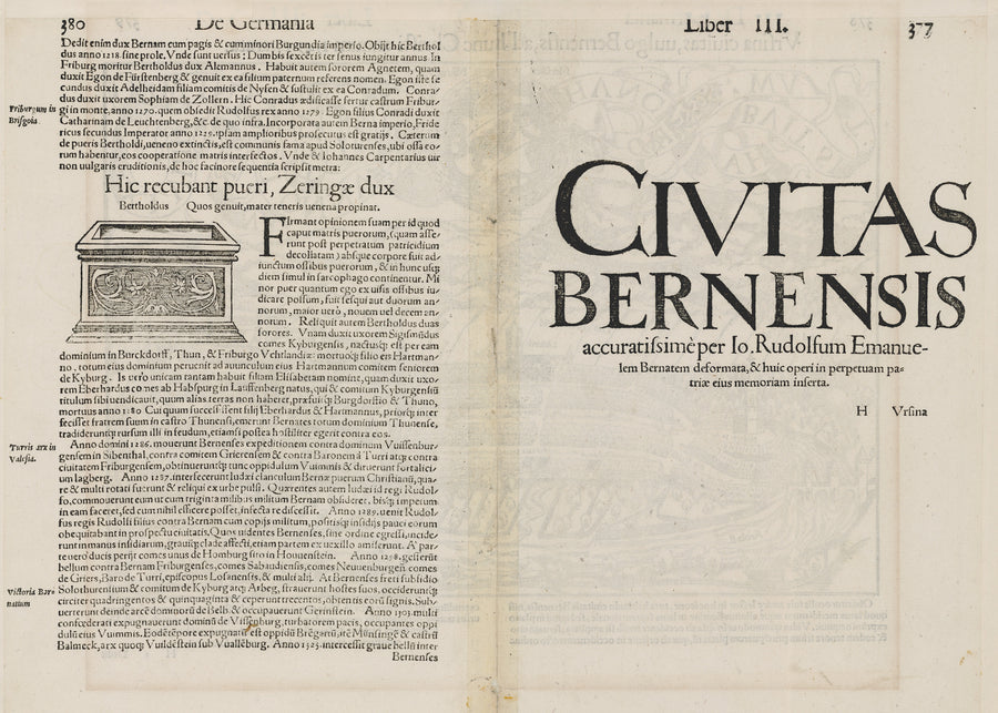 Antique Map of Bern, Switzerland: Ursina civitas, vulgo Bernensis, ad hunc Christi annum 1549, exarata. by Sebastian Munster, 1560 | VERSO