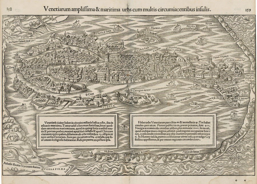 Antique Map of Venice: Venetiarum amplissima & maritima urbs... By: Sebastian Munster, 1552 