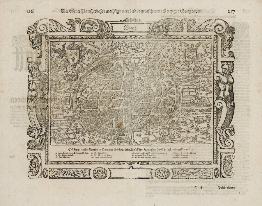 Antique Map of Paris | Die Statt Paris by: Sebastian Munster, 1580