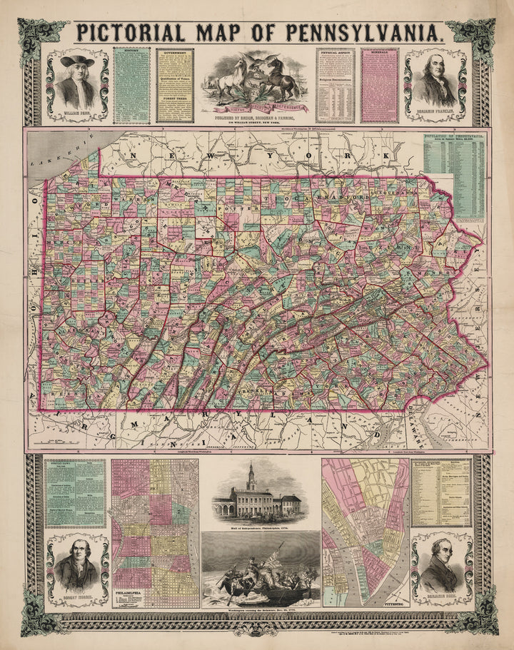 Pictorial Map of Pennsylvania by Ensign, Bridgman & Fanning, 1855