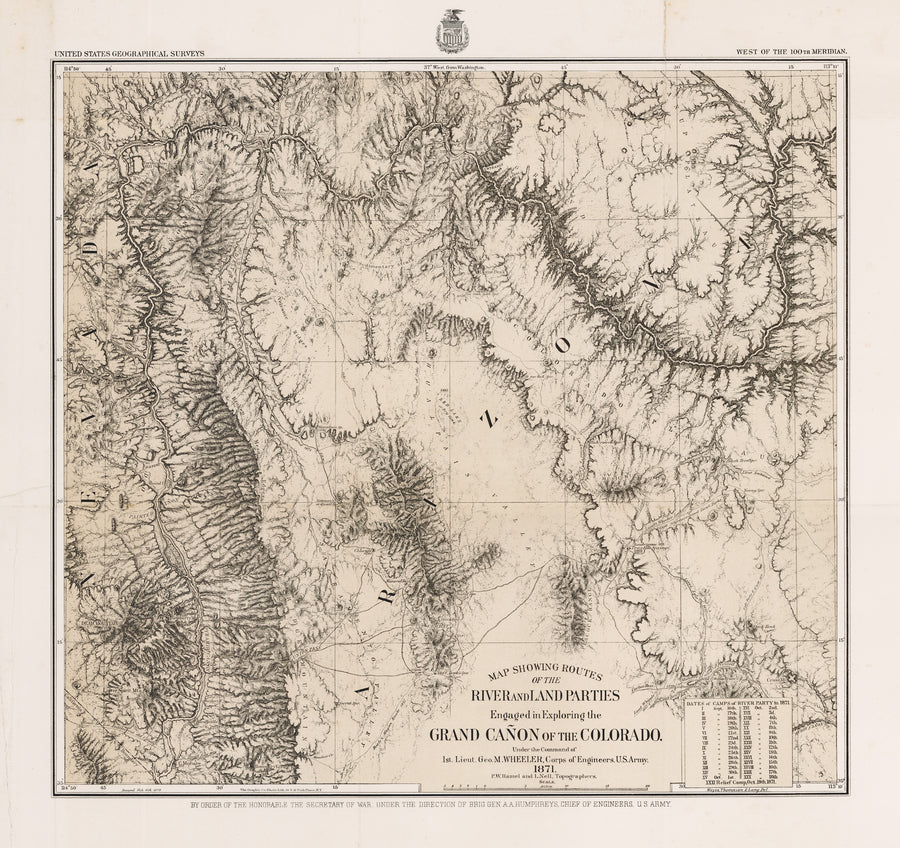 Map Showing Routes of the River and Land Parties Engaged in Exploring the Grand Cañon of the Colorado By: George M. Wheeler Date: 1871 