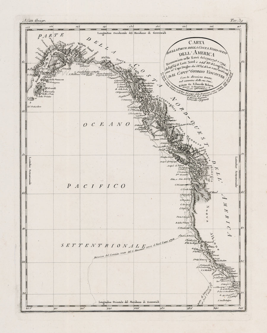 Carta della Parte della Costa Nord-Ouest Dell'America Riconosciuta nelle Estati del 1792, 1793, e 1794... By: George Vancouver, 1820