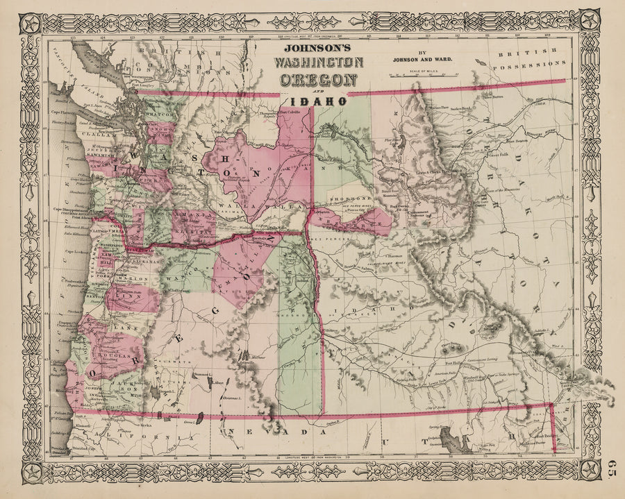 Antique Map: Johnson's Washington, Oregon, and Idaho 1863