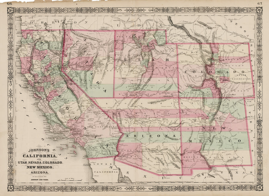 1864 Johnson's California with Utah, Nevada, Colorado, New Mexico, and Arizona