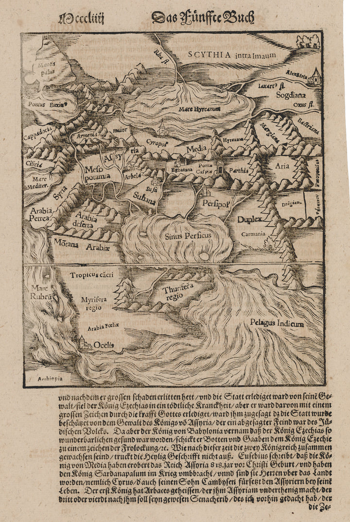 Antique Map: Von den Landern Asie The Lands of Asia and Arabia by Sebastian Munster, 1550