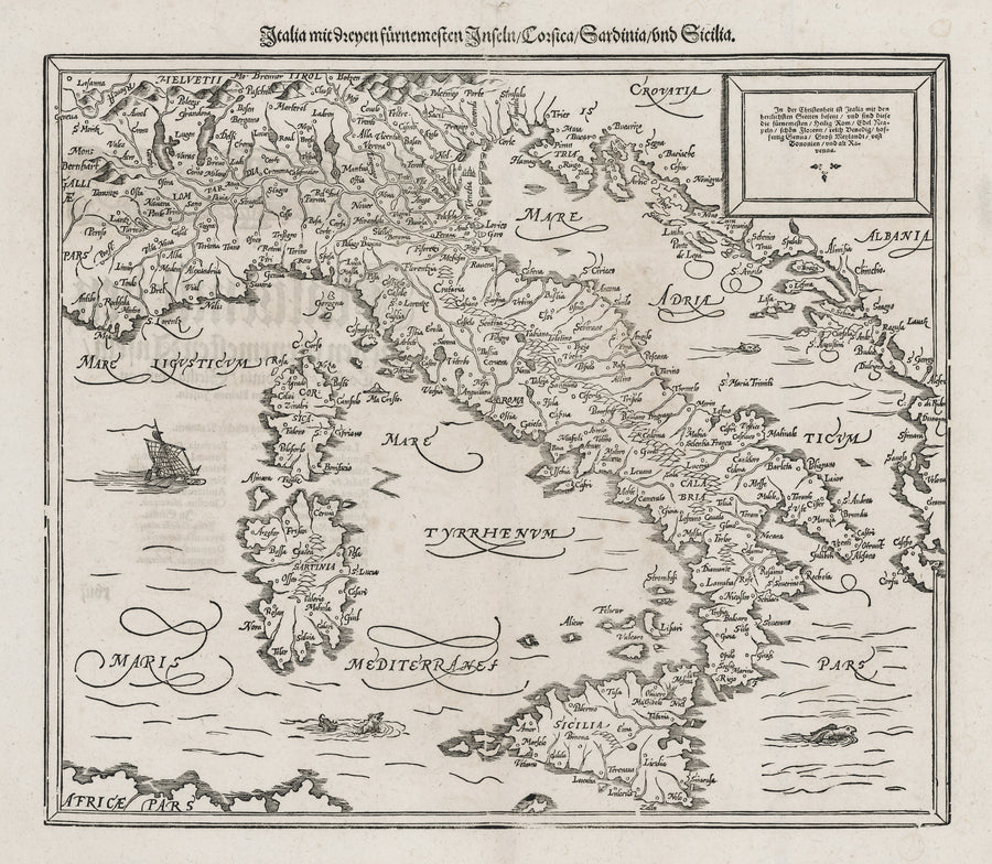 Antique Map of Italy: Italia mit Dreien fürnemsten Inseln, Corsica, Sardinia und Sicilia by: Sebastian Munster, 1588