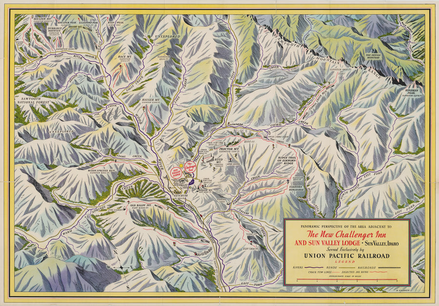 Panoramic Perspective of the Area Adjacent to the New Challenger Inn and Sun Valley Lodge - Sun Valley, Idaho By: W. Willmarth, 1938