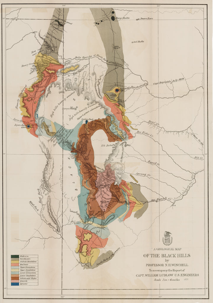 A Geologic Map of the Black Hills by Professor N.H. Winchell To accompany the Report of Capt. William Ludlow U.S. Engineers 1874