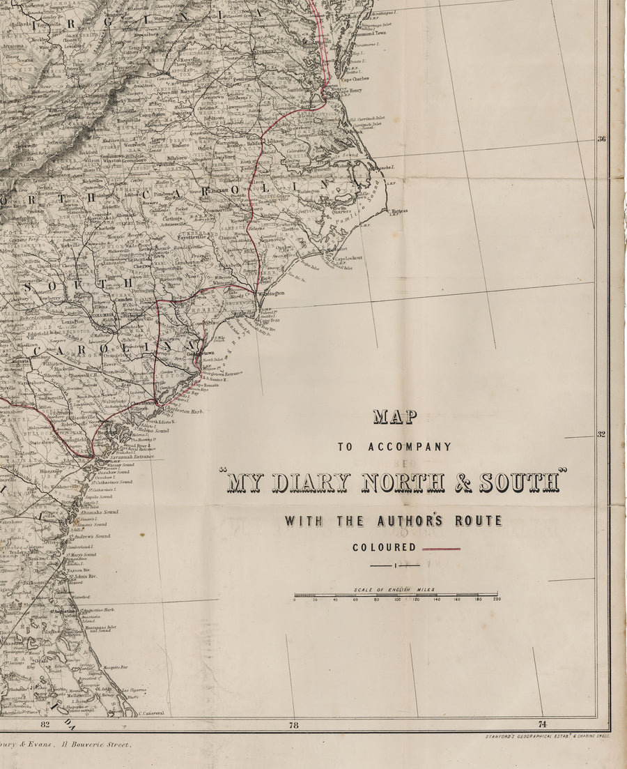 1863 Map to Accompany " My Diary North and South" with the Author's Route Colored