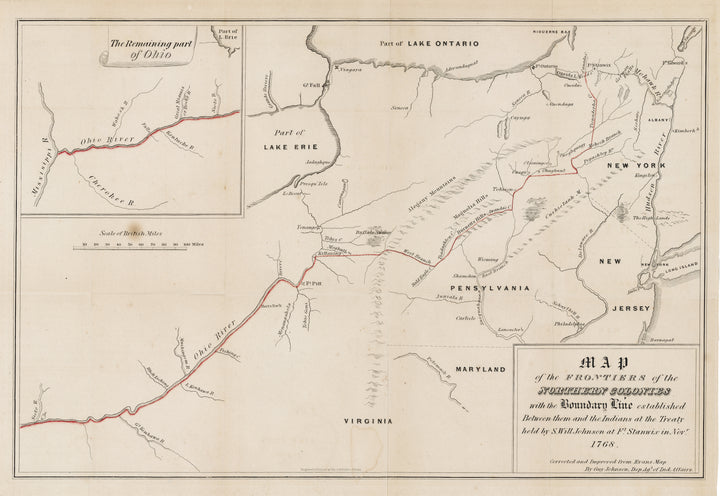 Map of the Frontiers of the Northern Colonies: with the boundary lines established between them and the Indians at the treaty held by S. Will Johnson at Ft. Stanwix in Novr. 1768 By: Guy Johnson / John E. Gavit Date: 1850