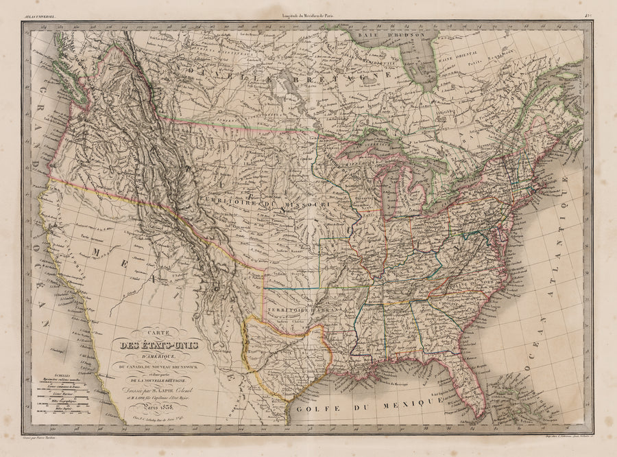 CARTE DES ÉTATS-UNIS D'Amérique, du Canada, du Nouveau Brunswick et d'une partie de la Nouvelle-Bretagne By: Pierre M. Lapie, 1838